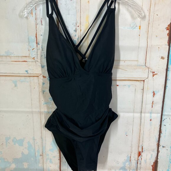 All Sure Women's size M Black Halter Ruched waist One piece swimsuit NWT - Picture 1 of 16
